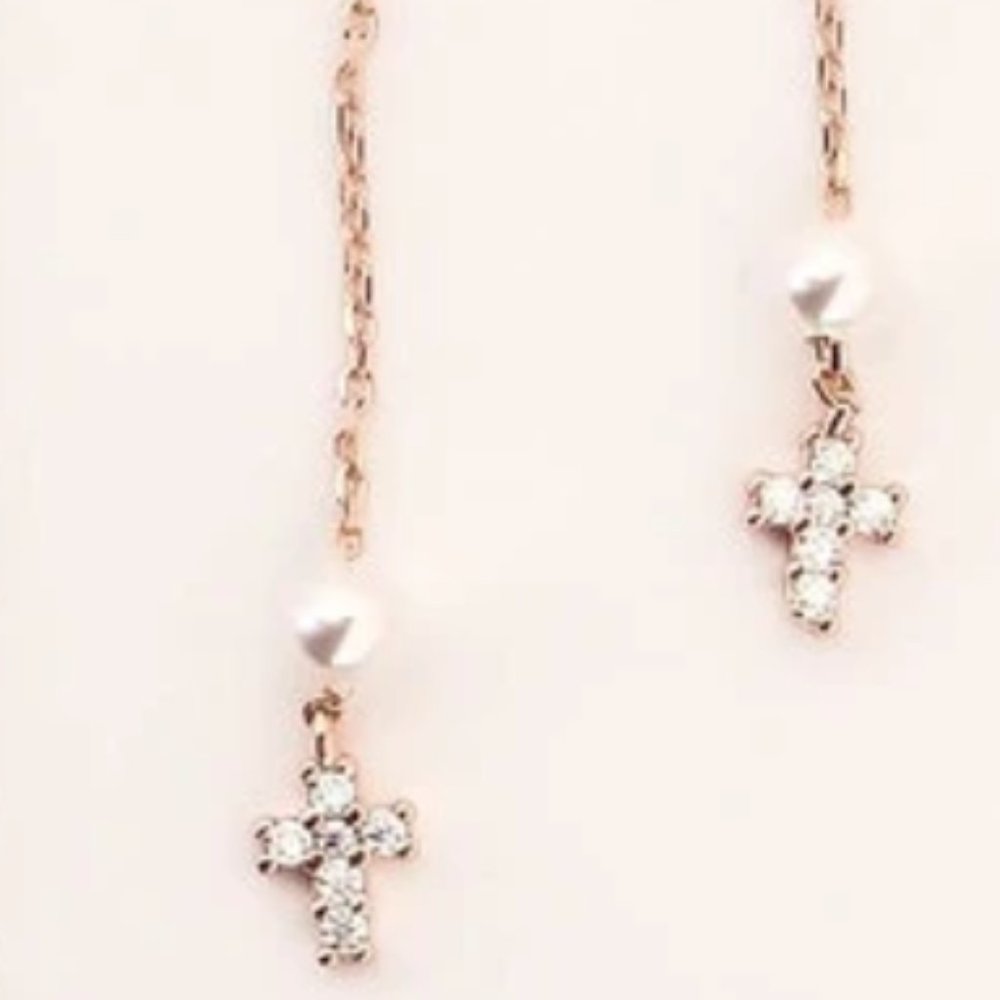 Cross Sterling Silver Gold Threader Pearl Earrings